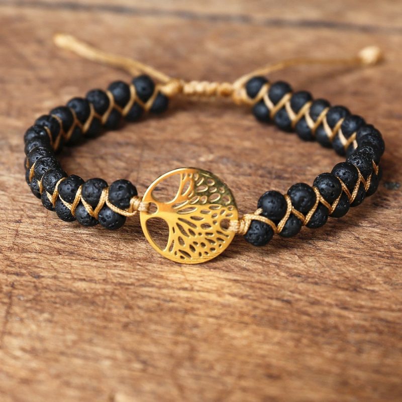 Bracelet pierre de lave et pendentif arbre de vie