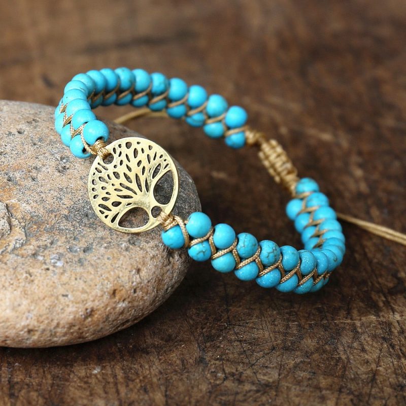 bracelet bouddhiste pierre turquoise bleu pendentif arbre de vie