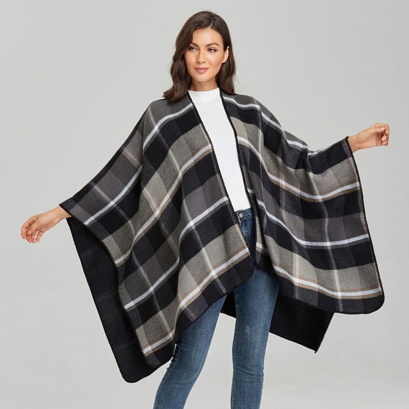 poncho carreaux femme noir gris noir gris 439