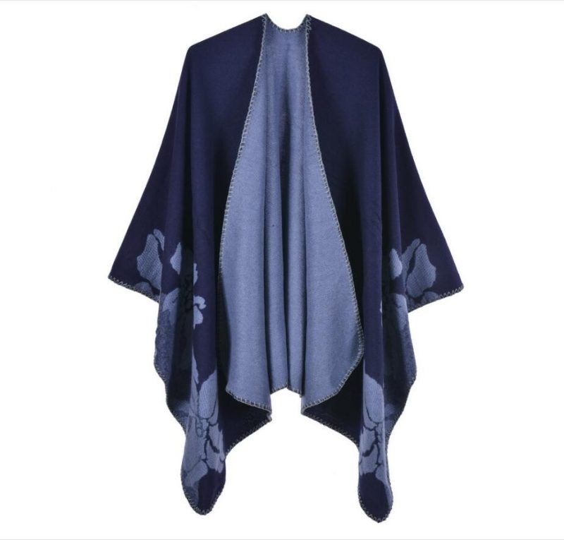 poncho chaud hiver fleur bleu 705