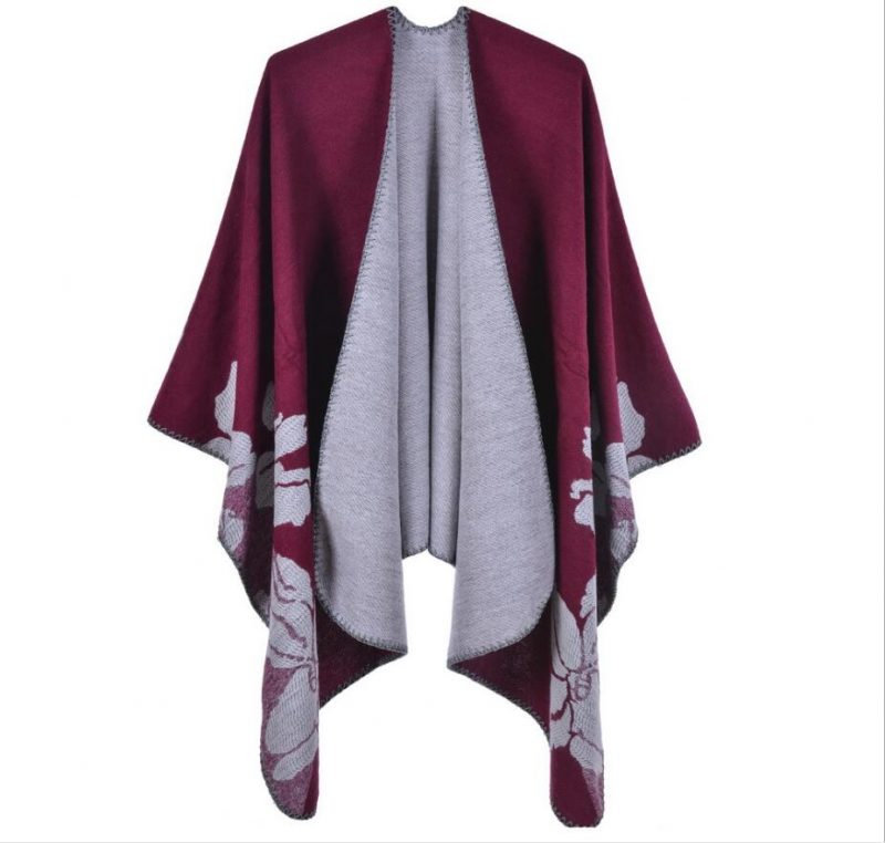 poncho chaud hiver fleur rouge vin 832