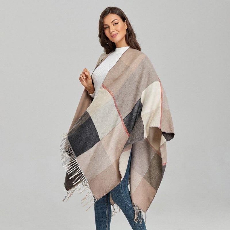 poncho femme carreaux beige beige 574
