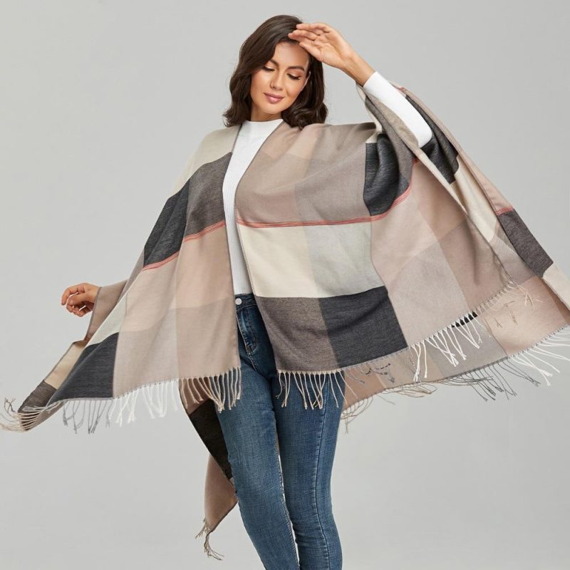 poncho femme carreaux beige beige 772