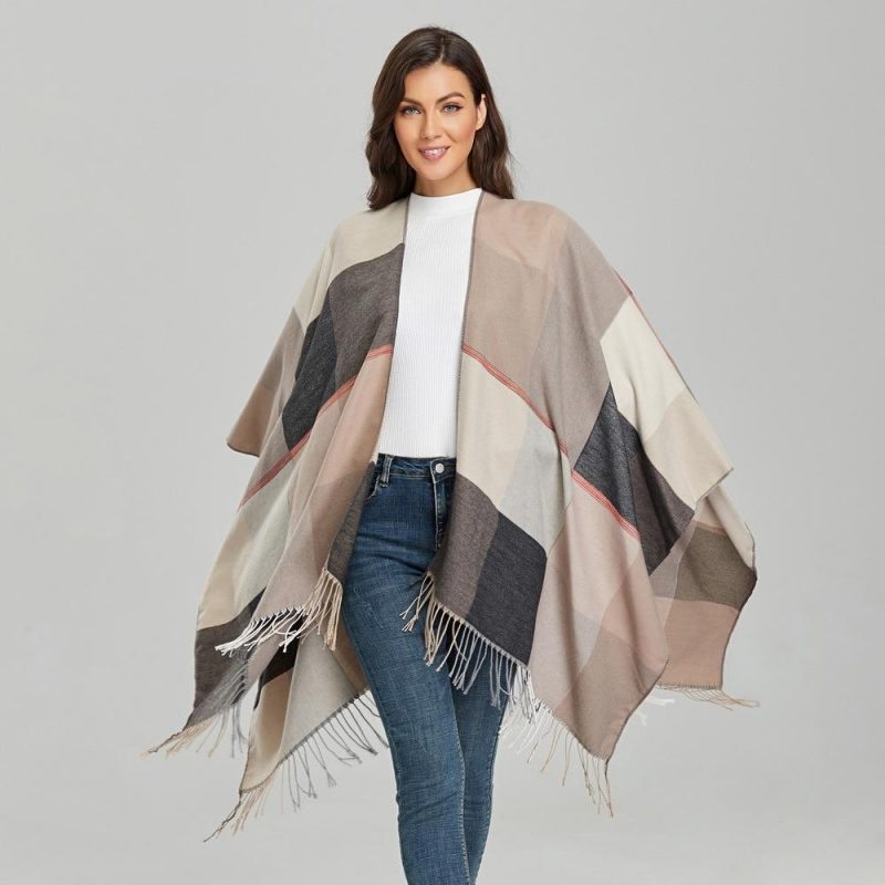 poncho femme carreaux beige beige 830