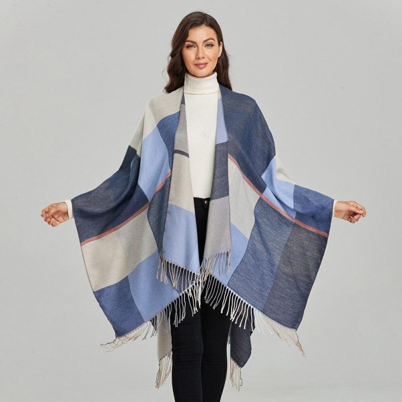poncho femme carreaux bleu bleu 331