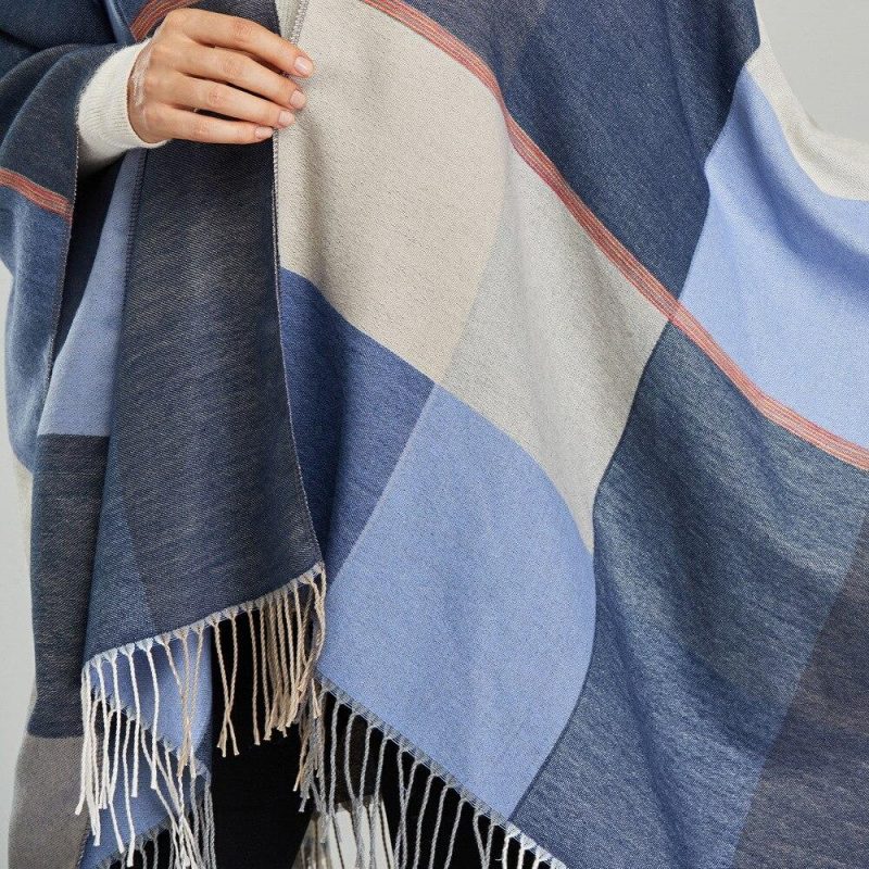 poncho femme carreaux bleu bleu 383