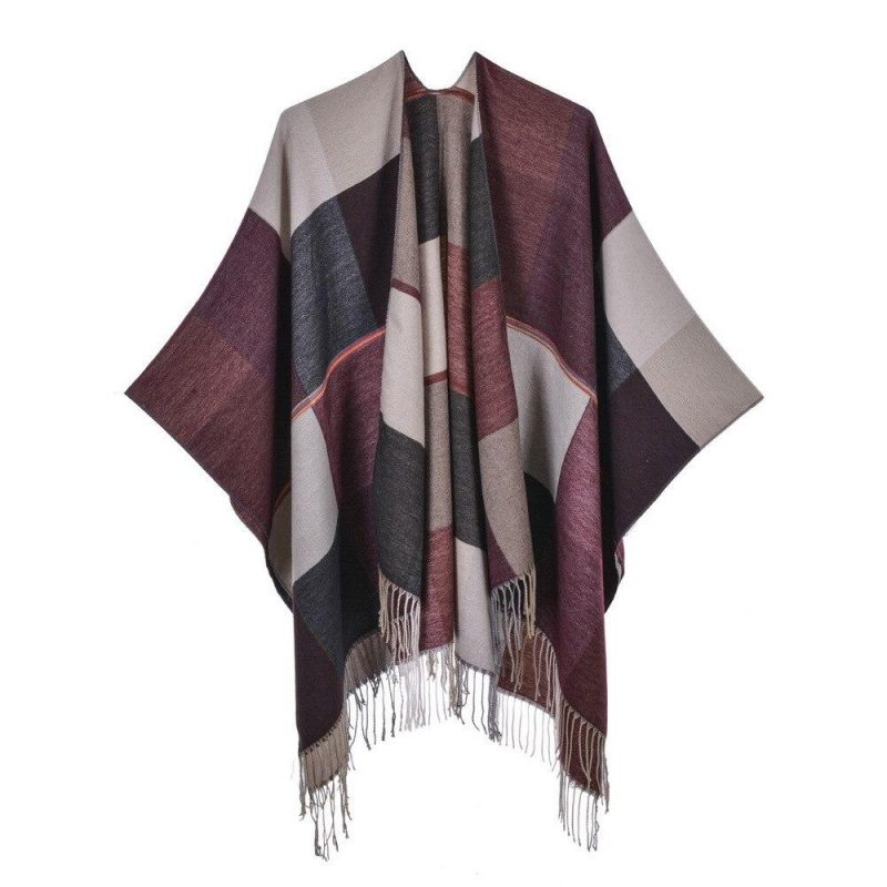 poncho femme carreaux bordeaux bordeaux 880