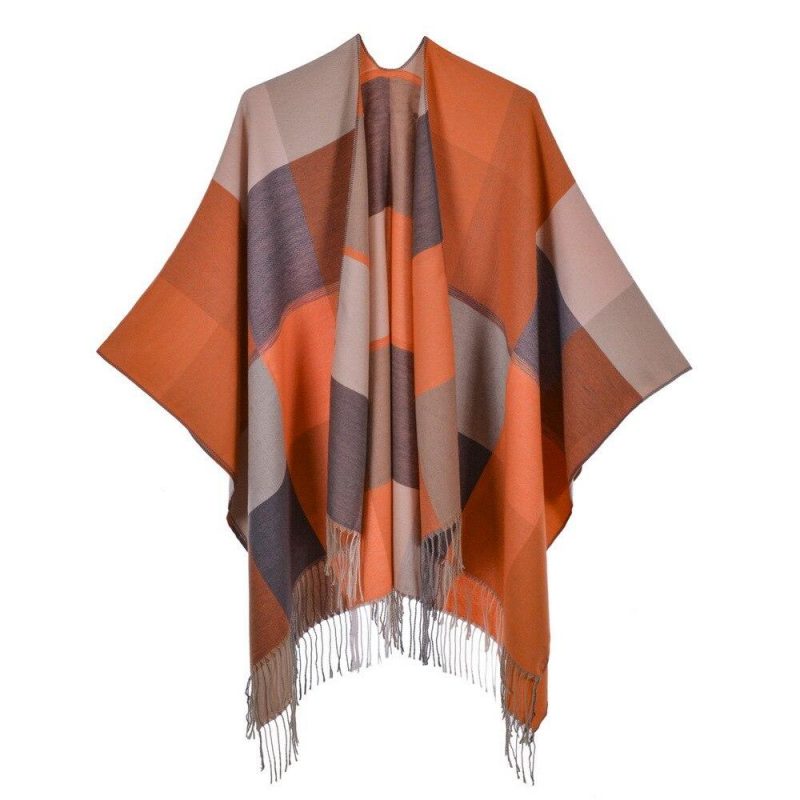 poncho femme carreaux orange orange 749