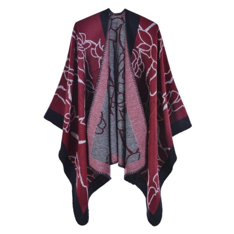 poncho femme fleur elegante bordeaux 469