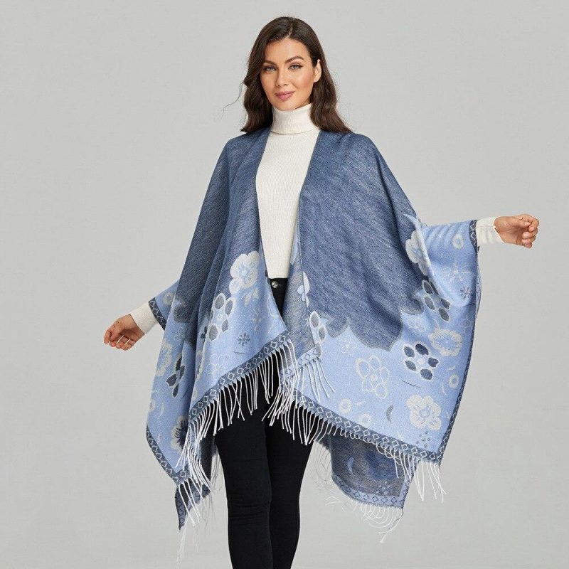 poncho femme fleur franges 857