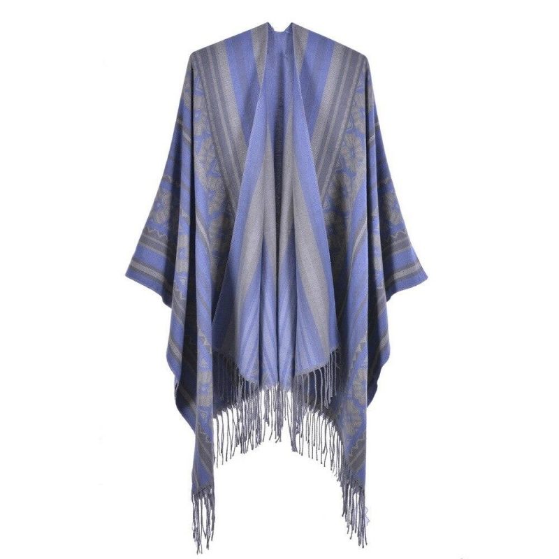 poncho femme fleurs franges bleu clair 118
