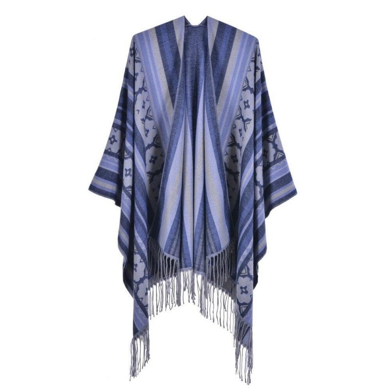 poncho femme fleurs franges bleu fonce 620