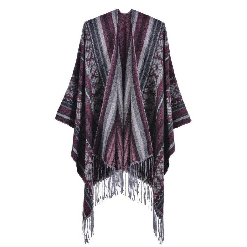 poncho femme fleurs franges bordeaux 764