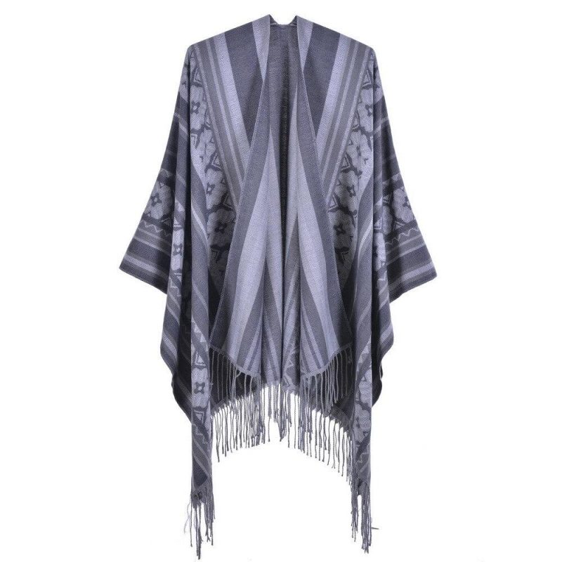 poncho femme fleurs franges gris 157