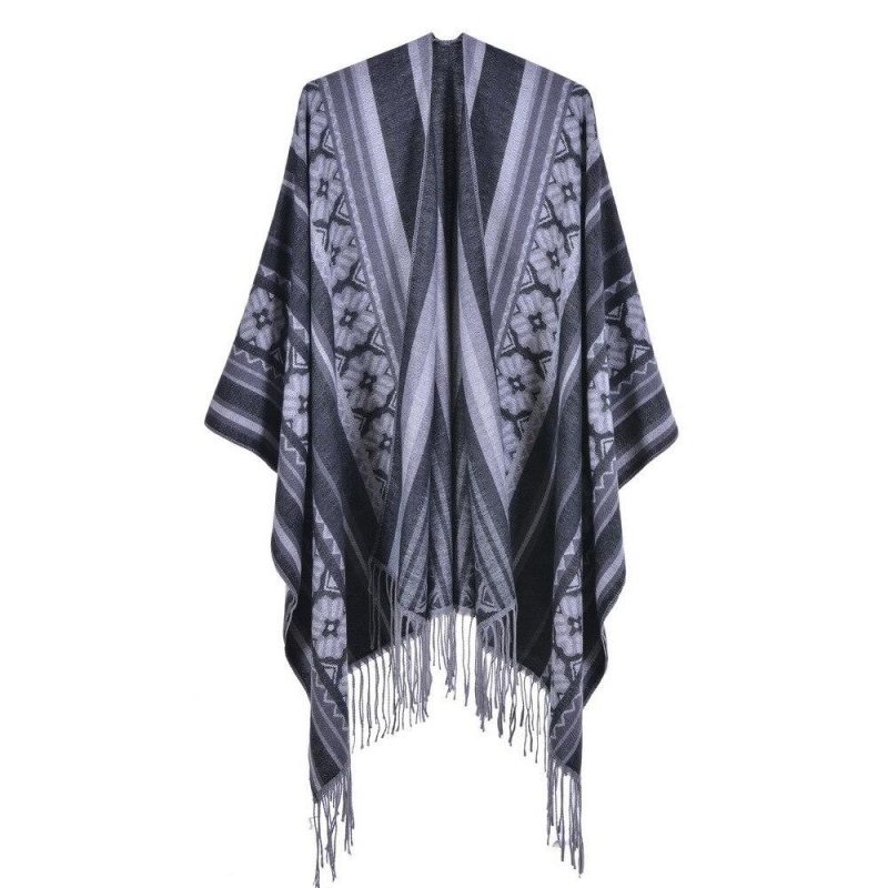 poncho femme fleurs franges noir 516