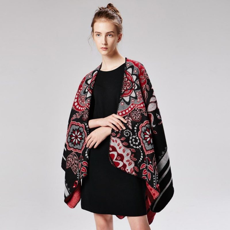 poncho femme flowers noir rouge 143