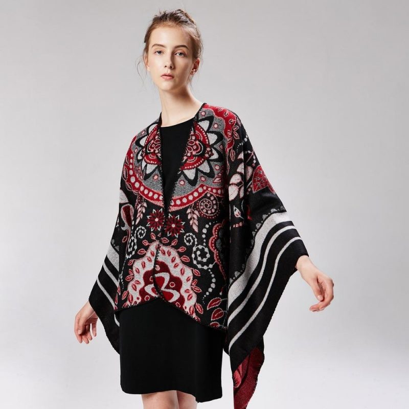 poncho femme flowers noir rouge 686