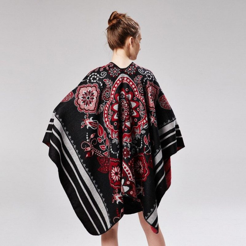 poncho femme flowers noir rouge 744