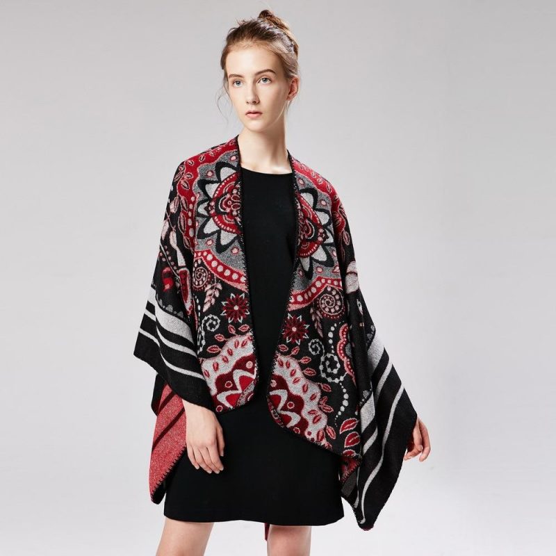 poncho femme flowers noir rouge 765