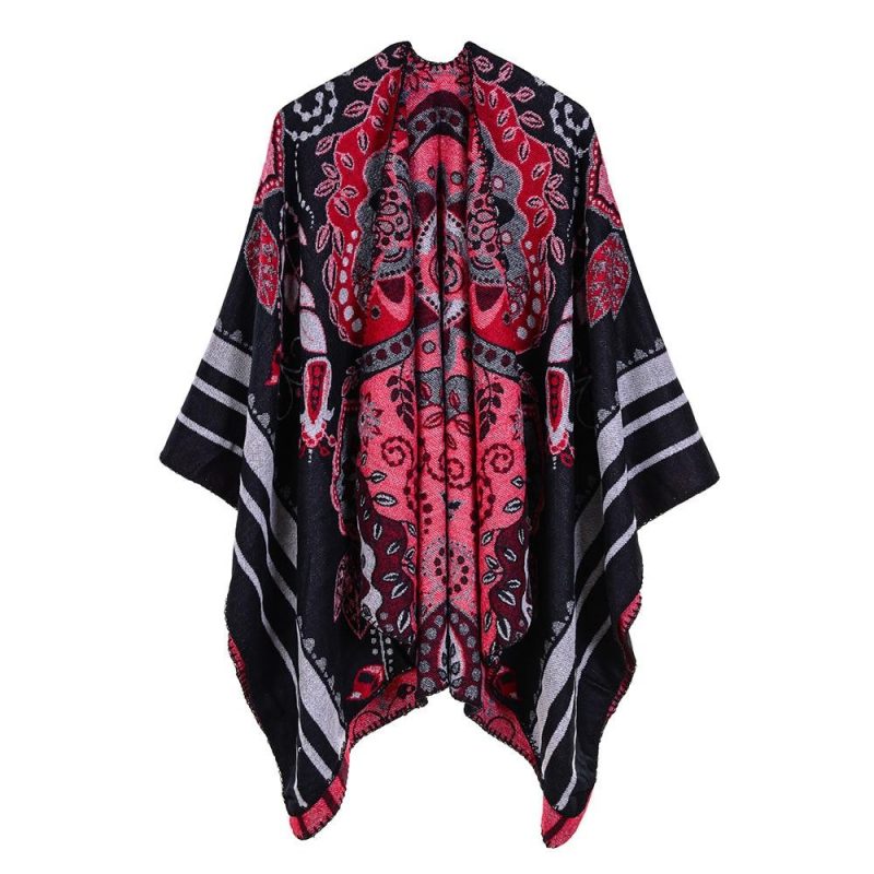 poncho femme flowers noir rouge 955