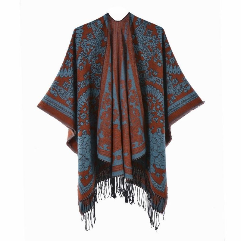 poncho femme paisley franges bleu clair 400