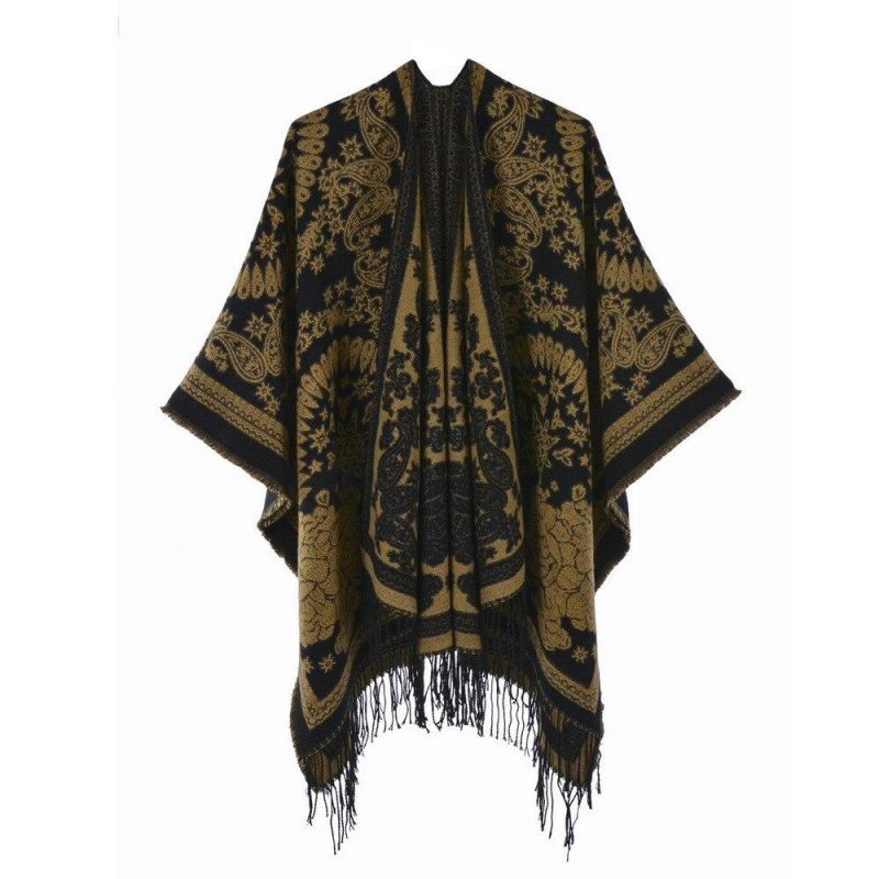 poncho femme paisley franges jaune 407