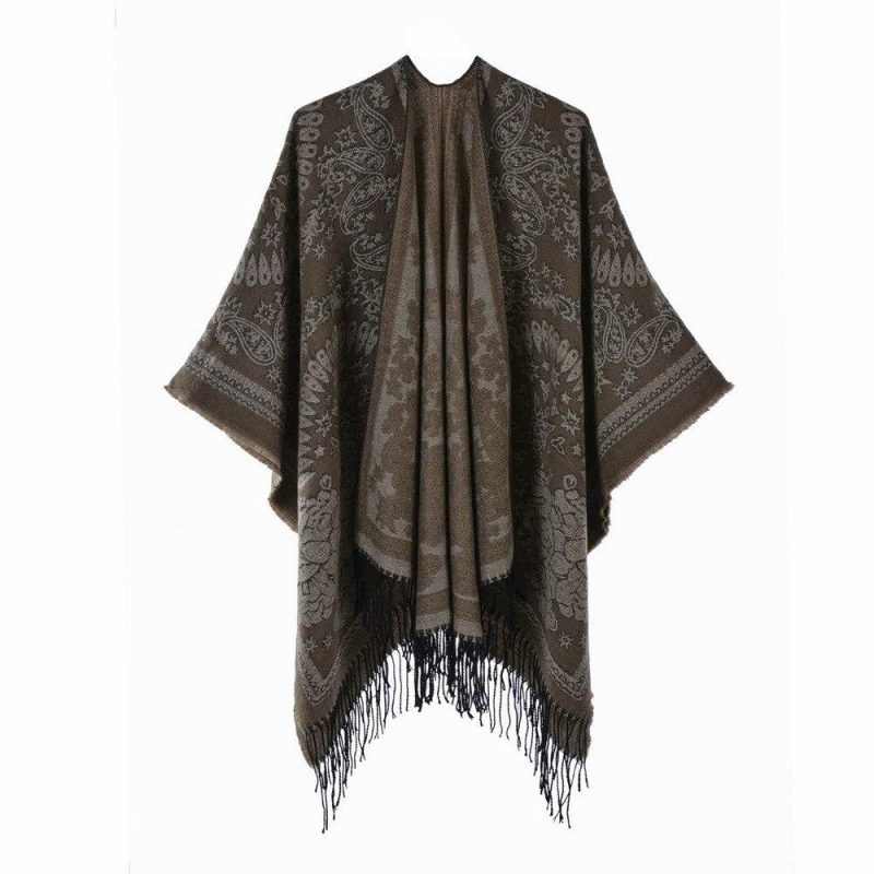 poncho femme paisley franges kaki 267