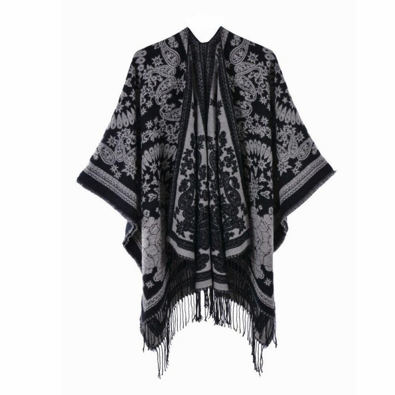 poncho femme paisley franges noir 583