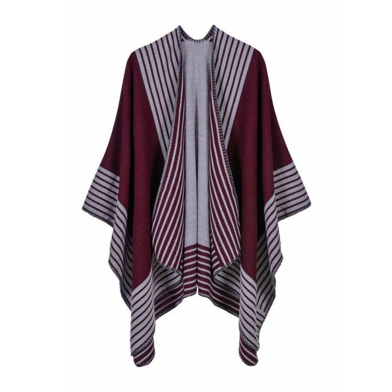 poncho femme rayures bordeaux 791