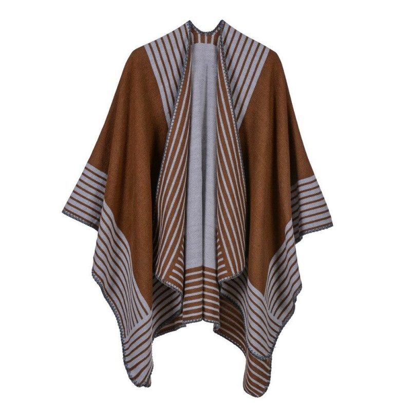 poncho femme rayures camel 692