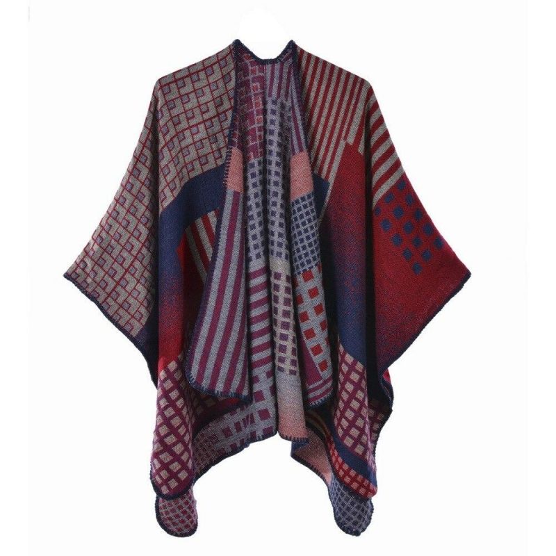 poncho femme rayures carreaux bordeaux 389