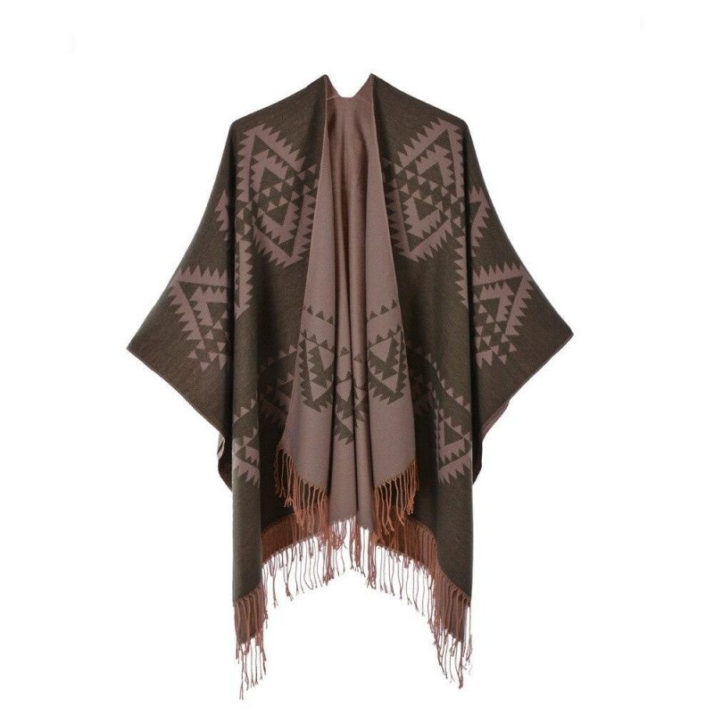poncho femme vintage franges vert olive 707