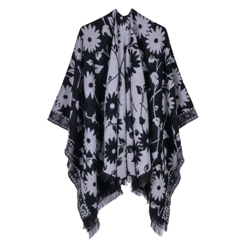 poncho fleuri femme noir blanc 111