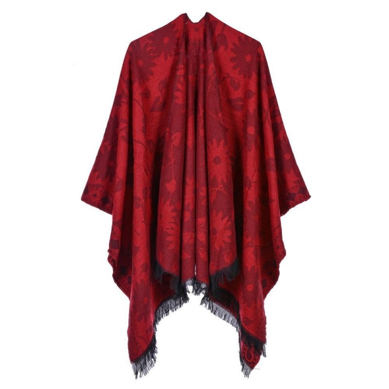 poncho fleuri femme rouge 419
