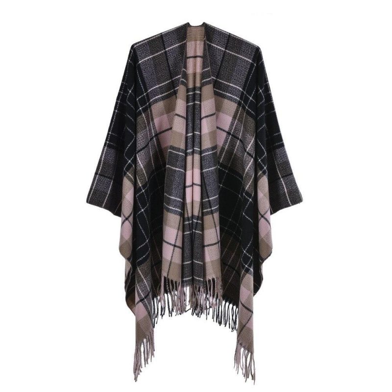 poncho plaid femme beige 377