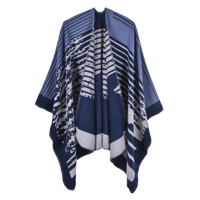 poncho rayure femme bleu 500