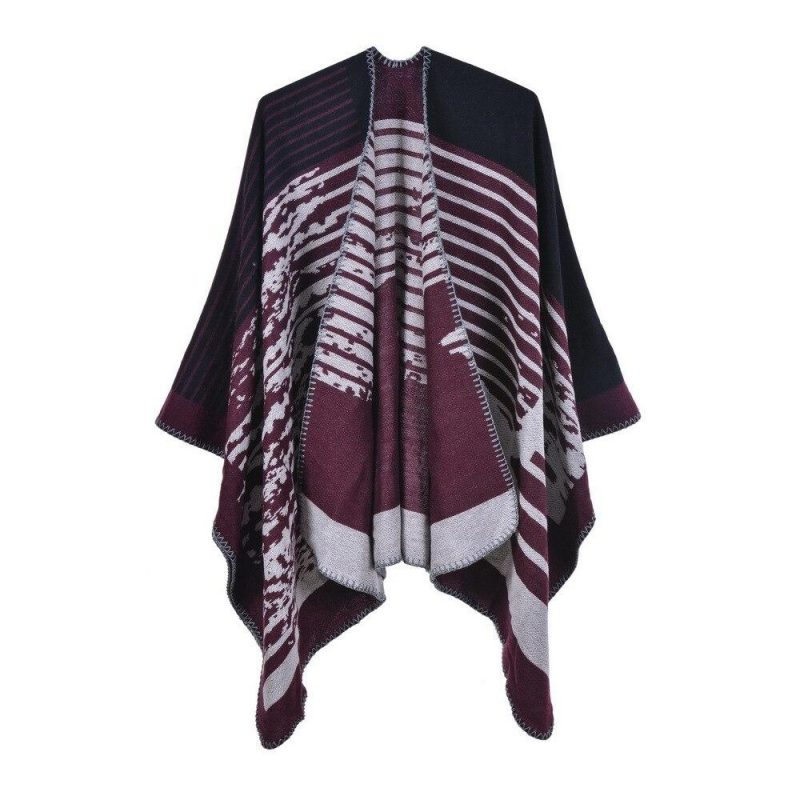 poncho rayure femme bordeaux 959