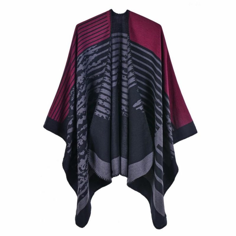 poncho rayure femme rouge 565