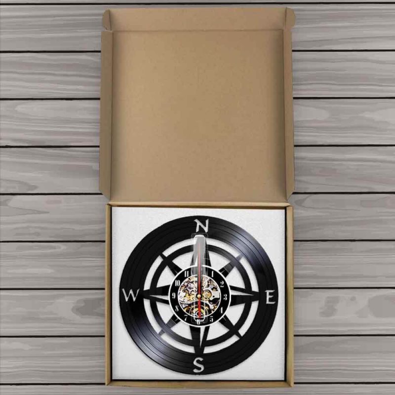 Horloge murale vinyle noir rose des vents points cardinaux boussole decorative 1