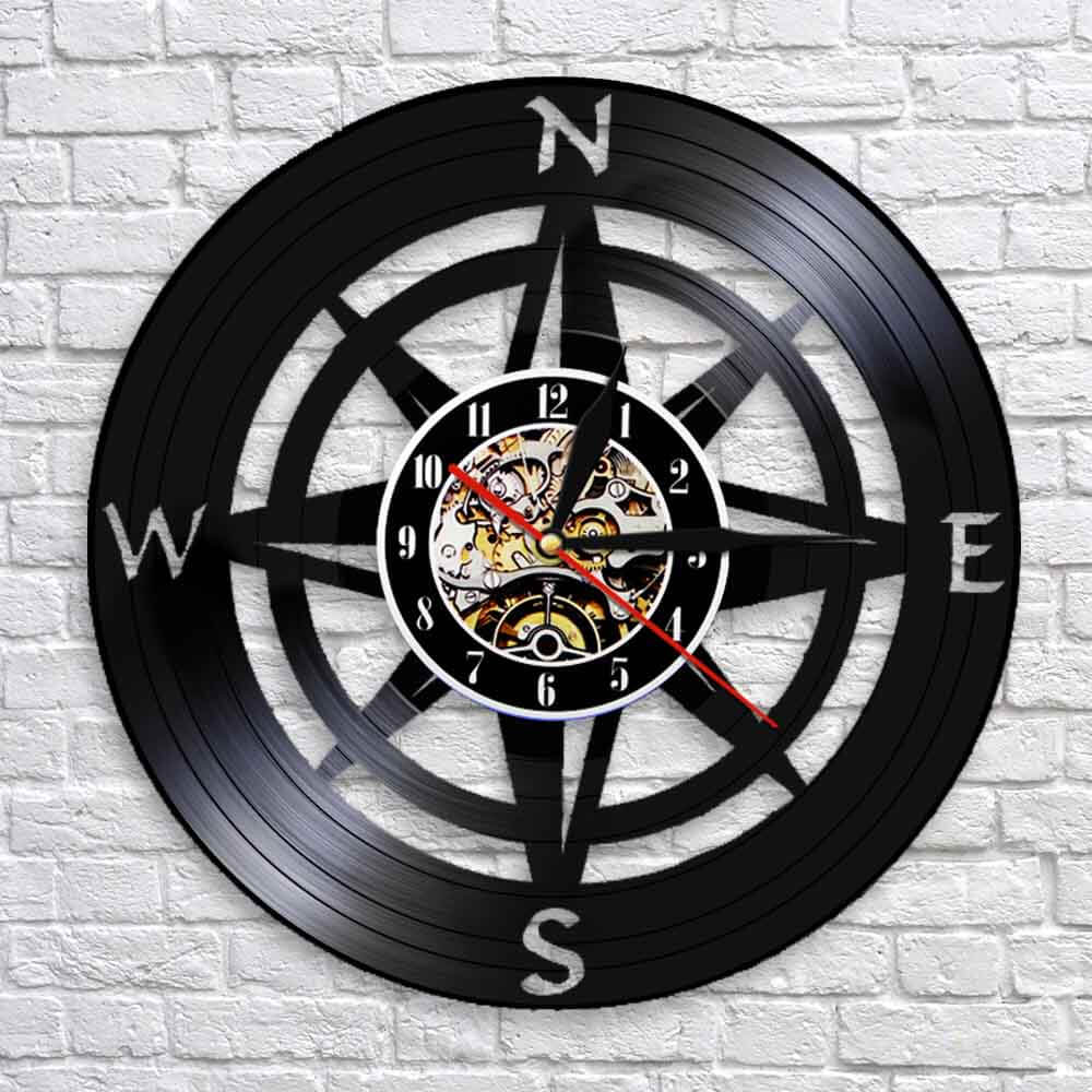 Horloge_murale_vinyle_noir_rose_des_vents_points_cardinaux_boussole_decorative.Lumiere_sans_LED