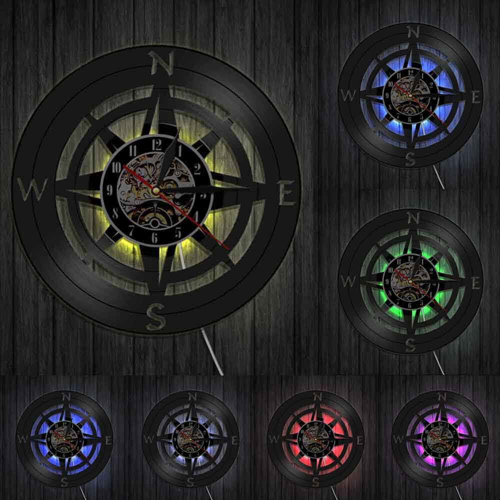 Horloge_murale_vinyle_noir_rose_des_vents_points_cardinaux_boussole_decorative_avec_lumiere_LED
