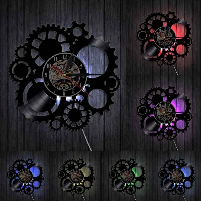 horloge murale vinyle engrenage mobile avec led