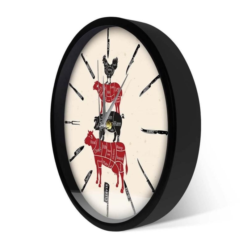 horloge murale cuisine boucherie viande de boucher avec cadran noir
