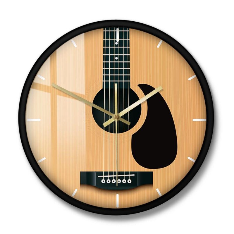 horloge murale originale guitare acoustique seche instruement ronde bois aveccadran