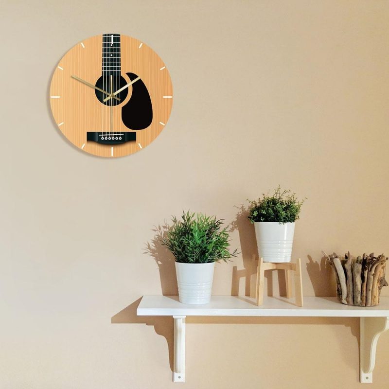 horloge murale originale guitare acoustique seche instruement ronde bois salon