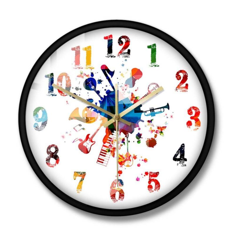 horloge murale peinture musicale coloree diametre 30 cm avec cadran noir