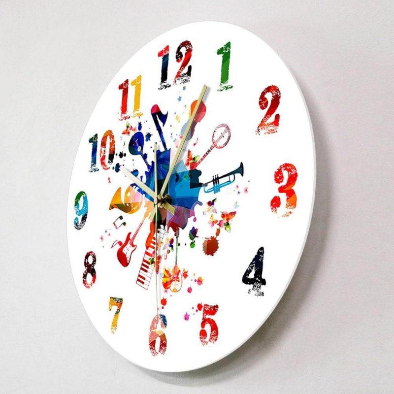 horloge murale peinture musicale coloree diametre 30 cm ronde au mur