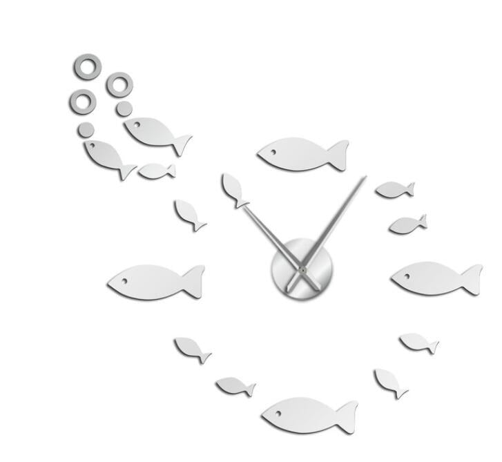 horloge murale stickers poisson argente quartz decoration
