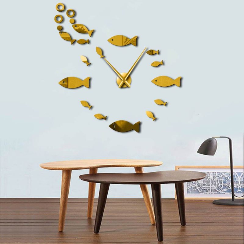 horloge murale stickers poisson ronde dore quartz decoration grande geante design