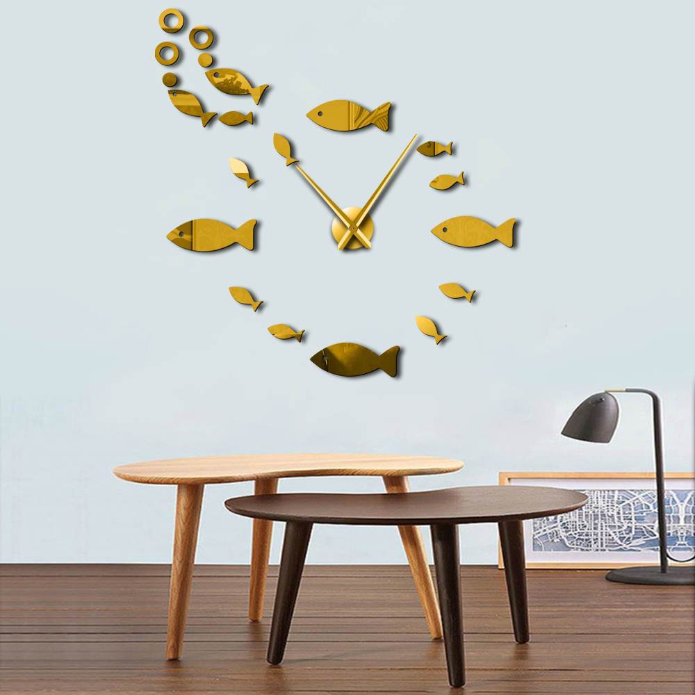 horloge_murale_stickers_poisson_ronde_dore_quartz_decoration_grande_geante_design horloge murale stickers poisson ronde dore quartz decoration grande geante design